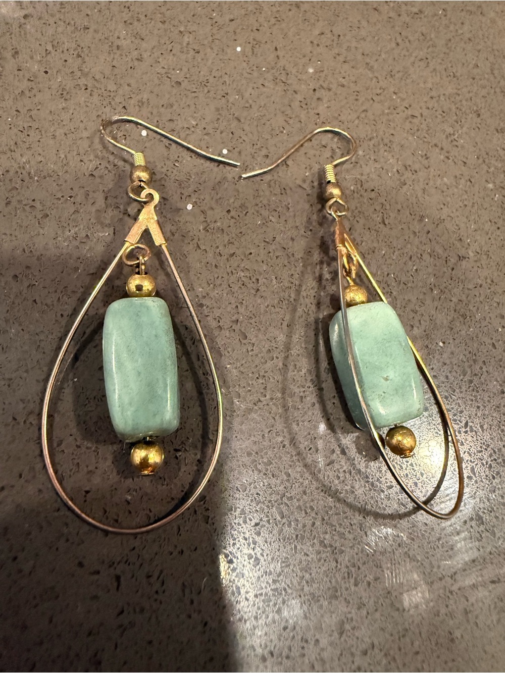 Gold Silver Mixed Hoop Drop Earrings with Seafoam Green Beads - Picture 2 of 3